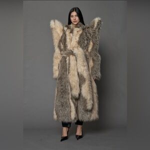Luxury Long Faux Fur Coat in Taupe & Cream - Women’s Statement Coat